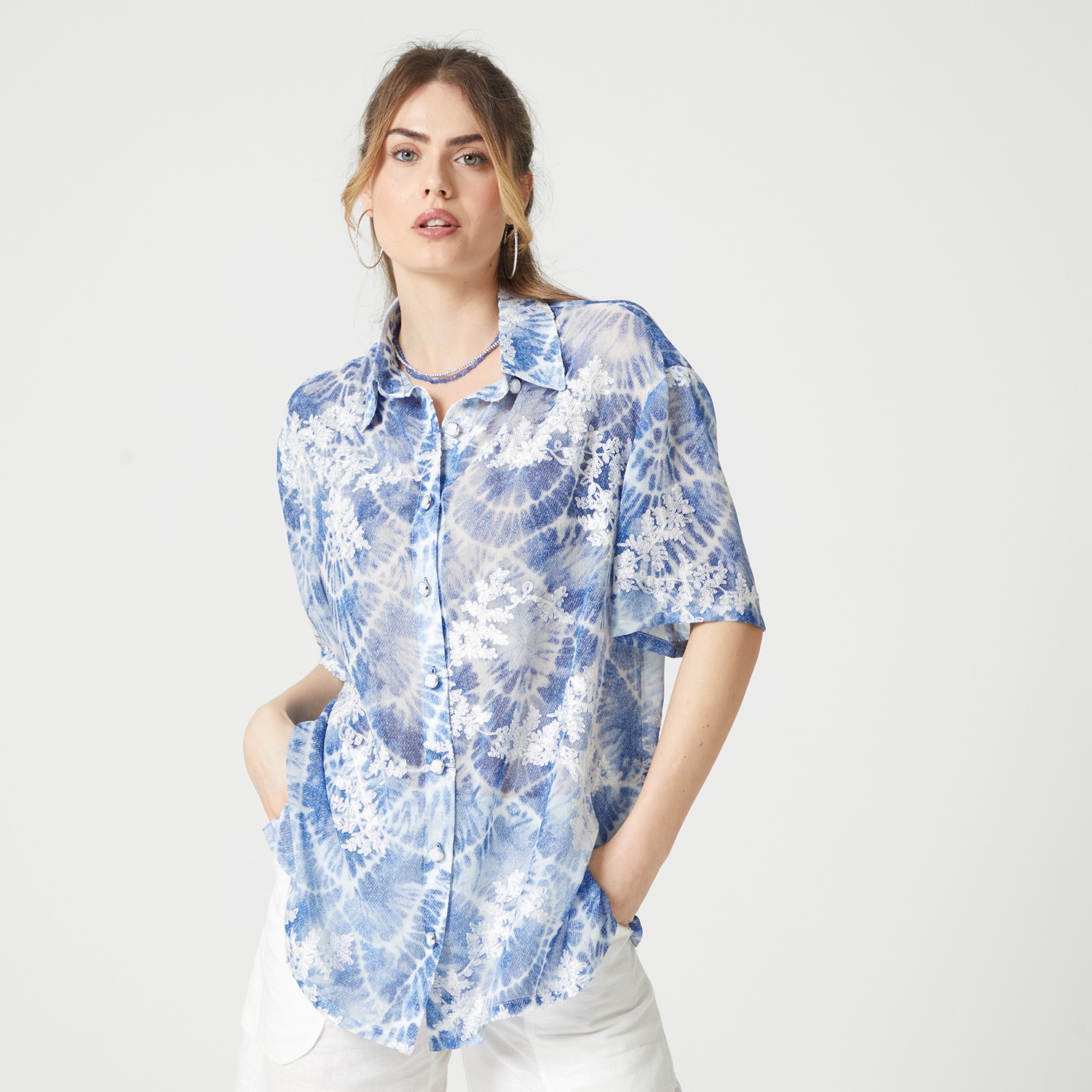Chiffon Shirt With Tie-Dye Denim Effect Print And Embroidery Details