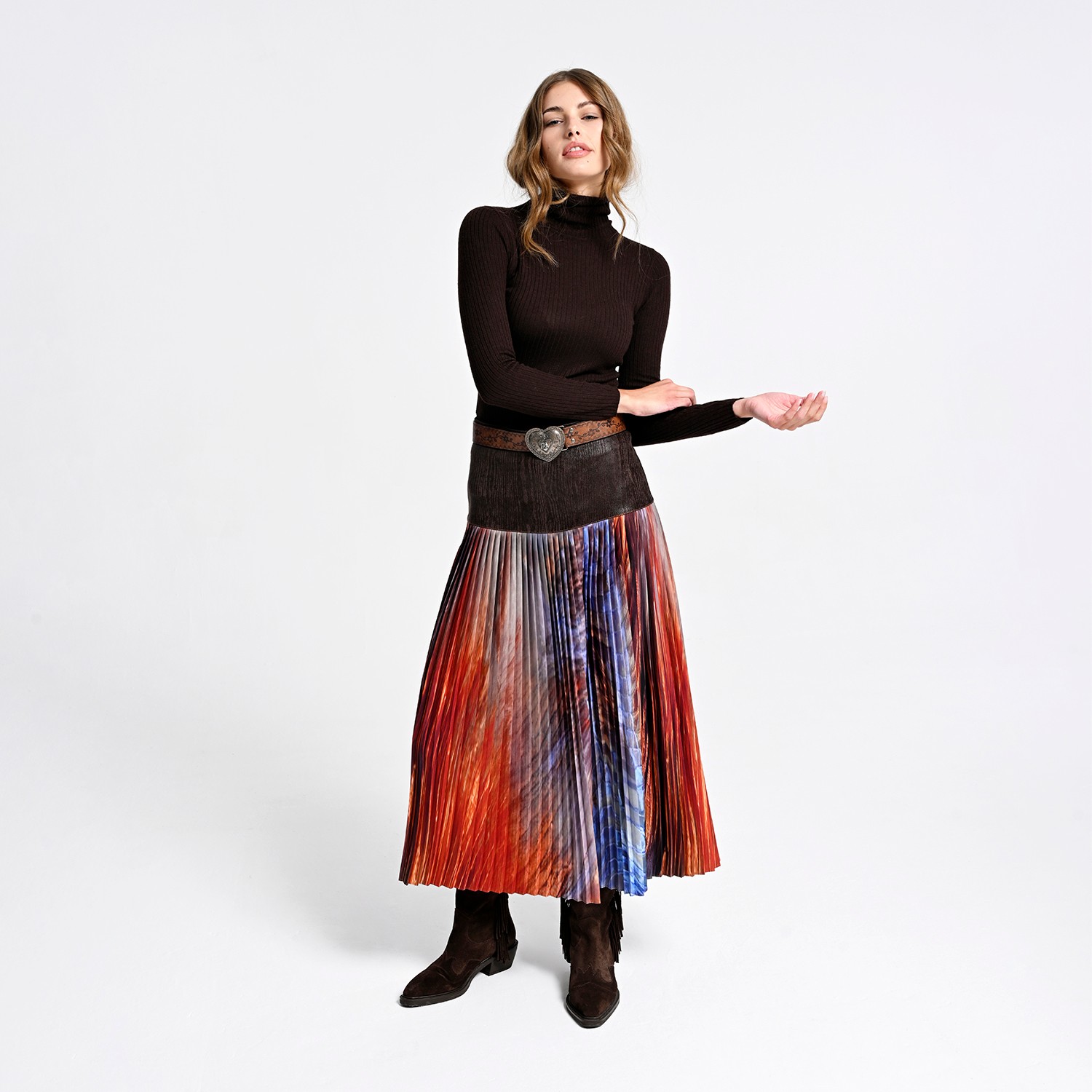 Pleated Midi Skirt With Wood-Textured Suede Feel Vegan Leather Waist