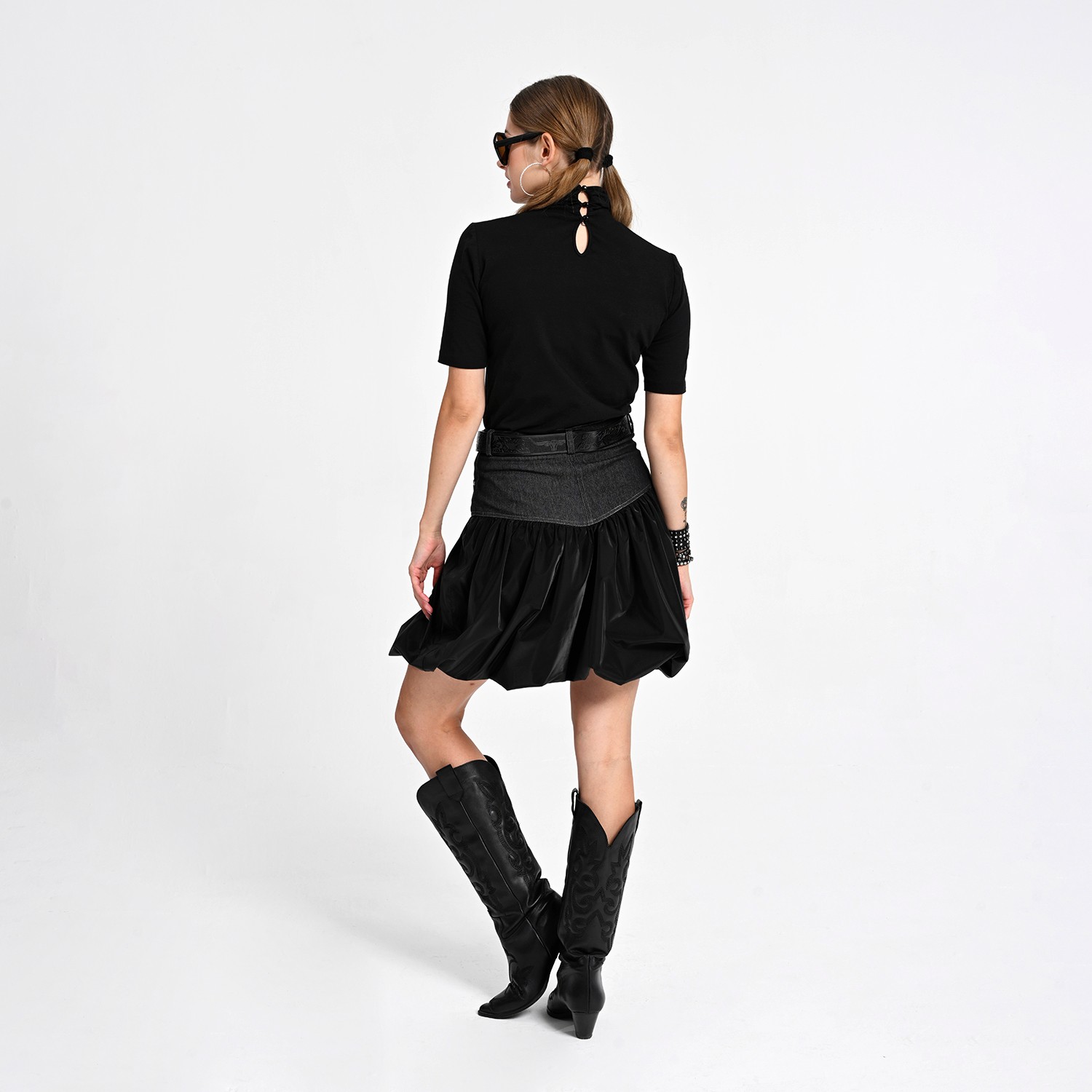 Balloon Mini Skirt With Denim-Effect Waist
