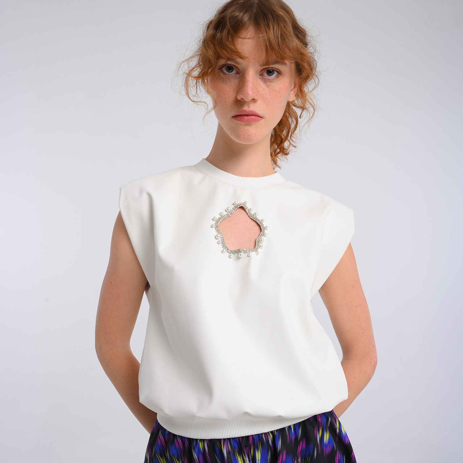 Ecru Vegan Leather Blouse With Laser-Cut Detailing