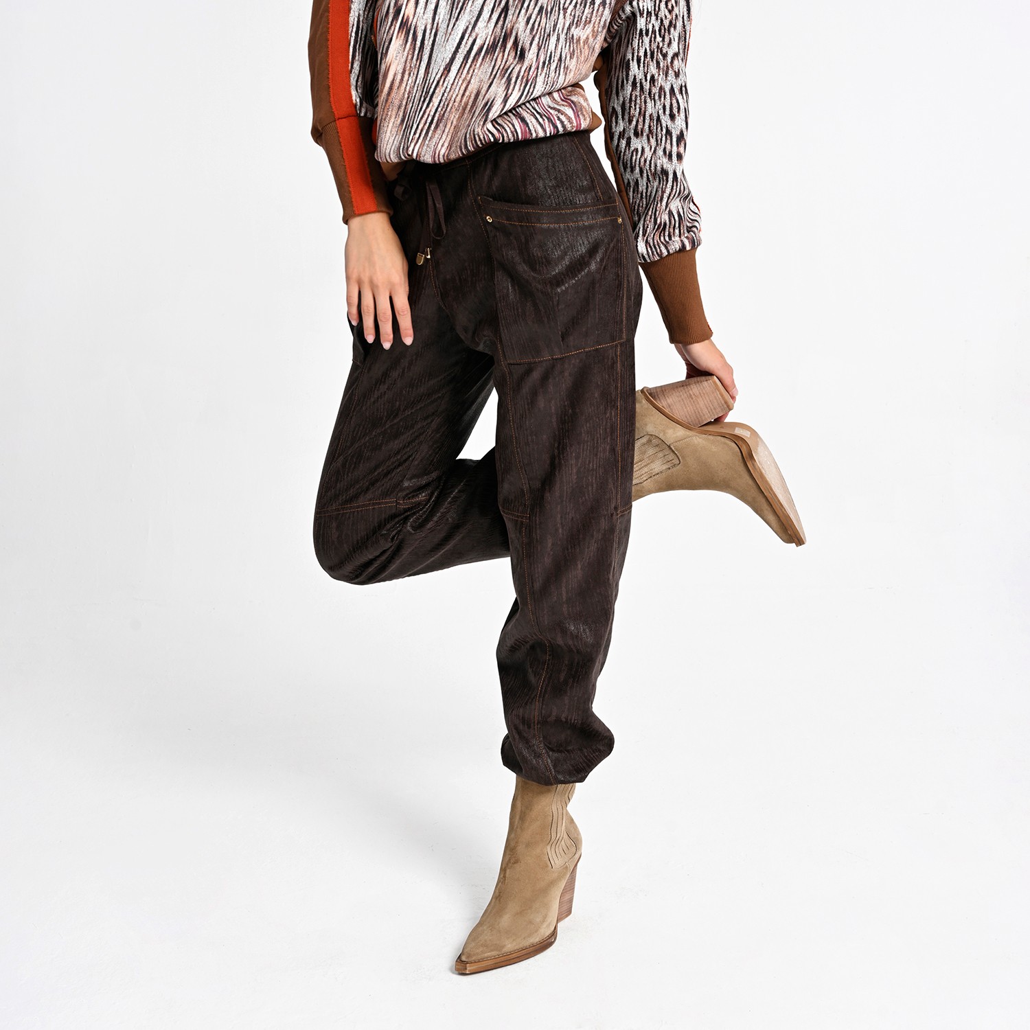 Jogger Pants with Wood-Textured Vegan Leather Finish
