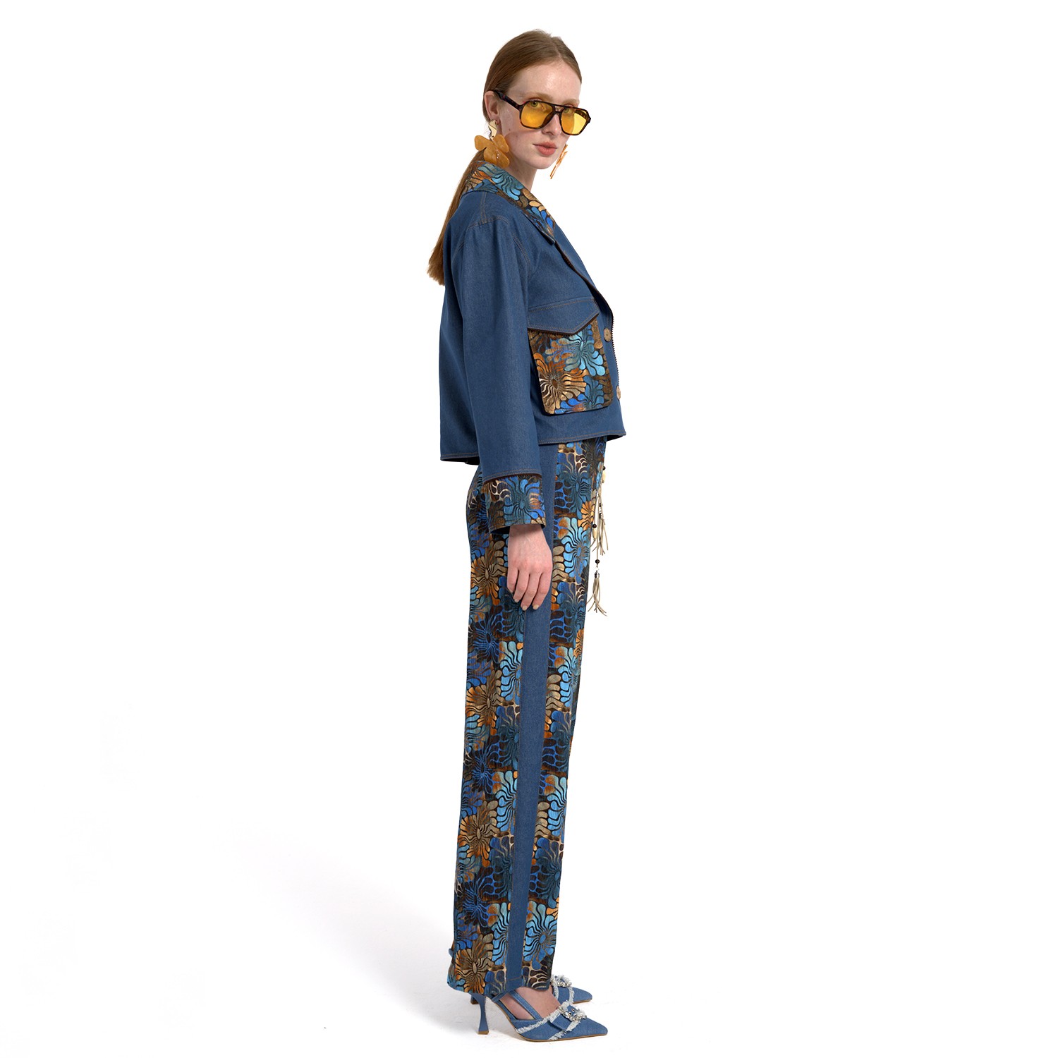 Floral Print Indigo Wide-Leg Pants