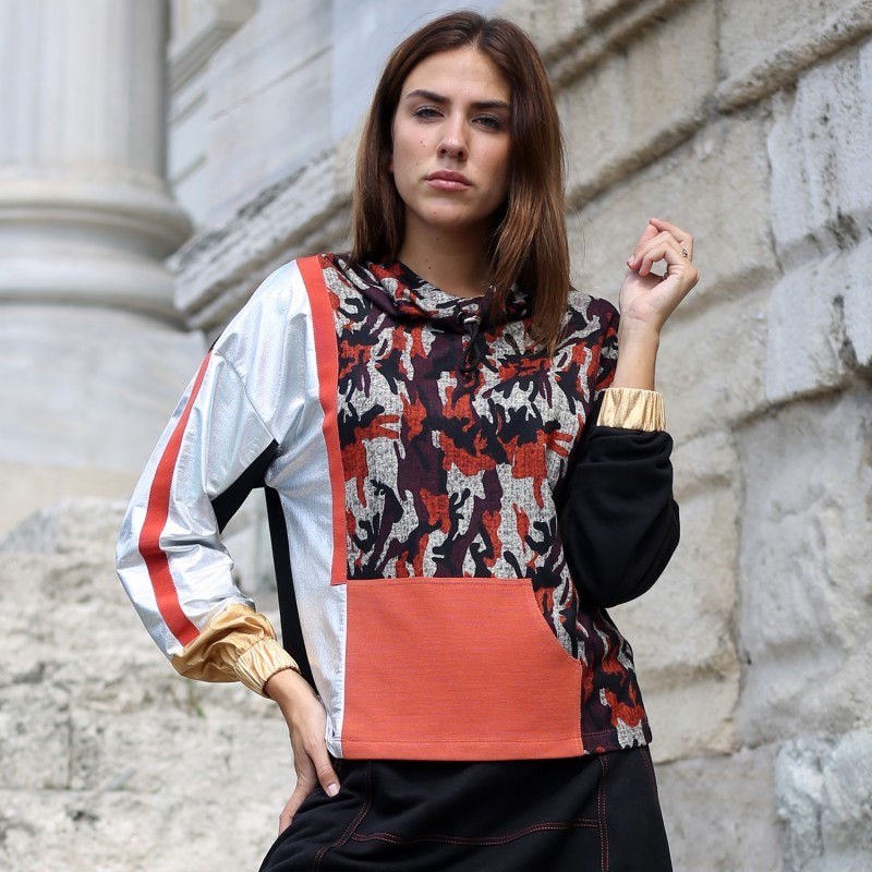 Silver & Gold Garnished Sweatshirt With Camo Digital Print