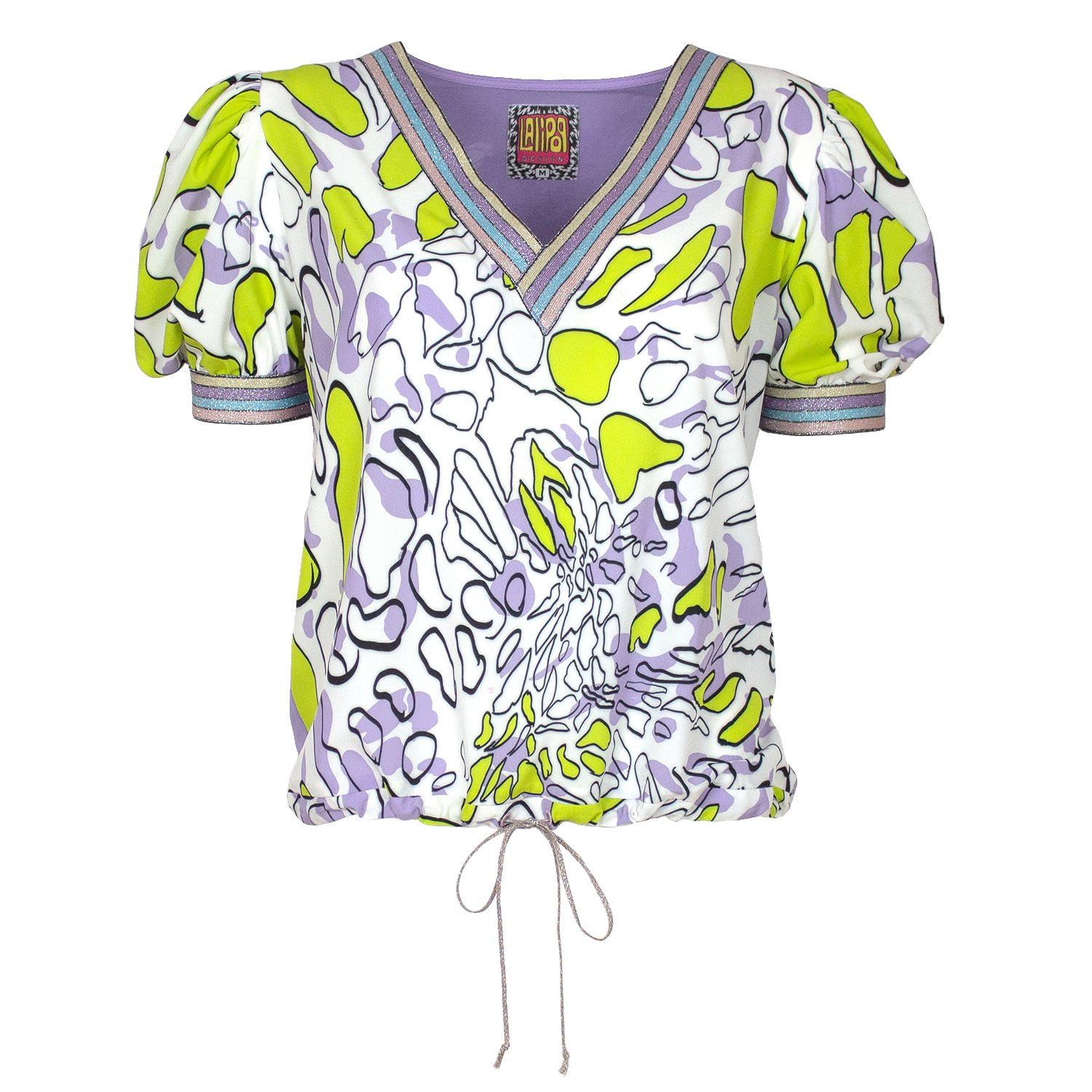 Puff Sleeves V-Neck Blouse With Abstract Printed Front