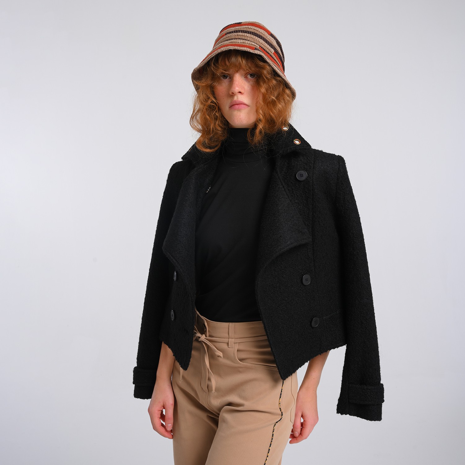 Black Felted Wool-Blend Colorful Eyelet Short Coat