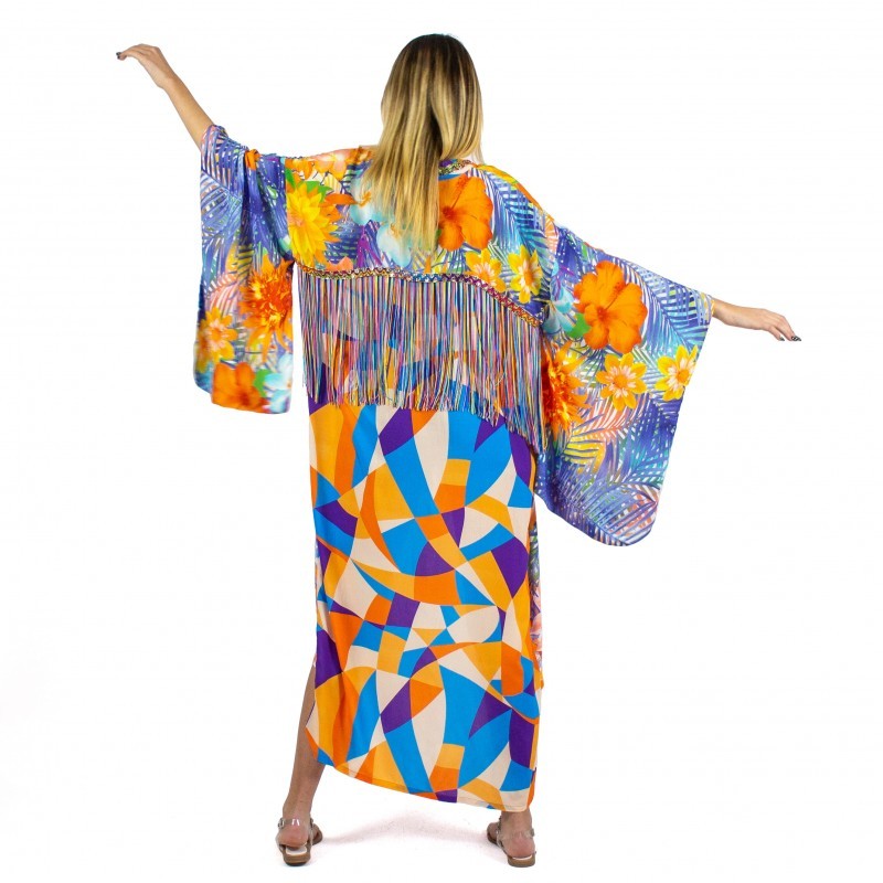 Viscose Kimono with Embroidery & Fringe Details