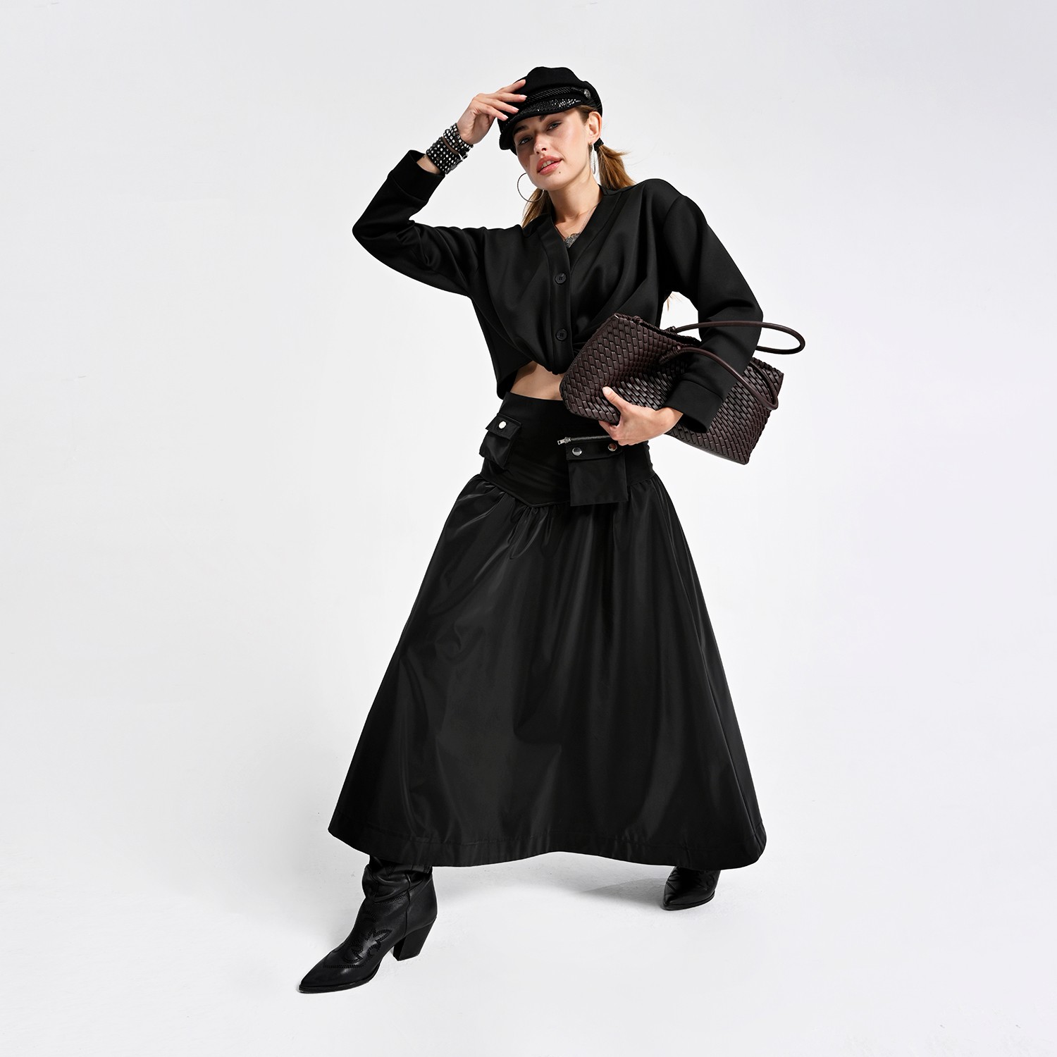 Black Maxi Skirt With Cargo Pocket Details