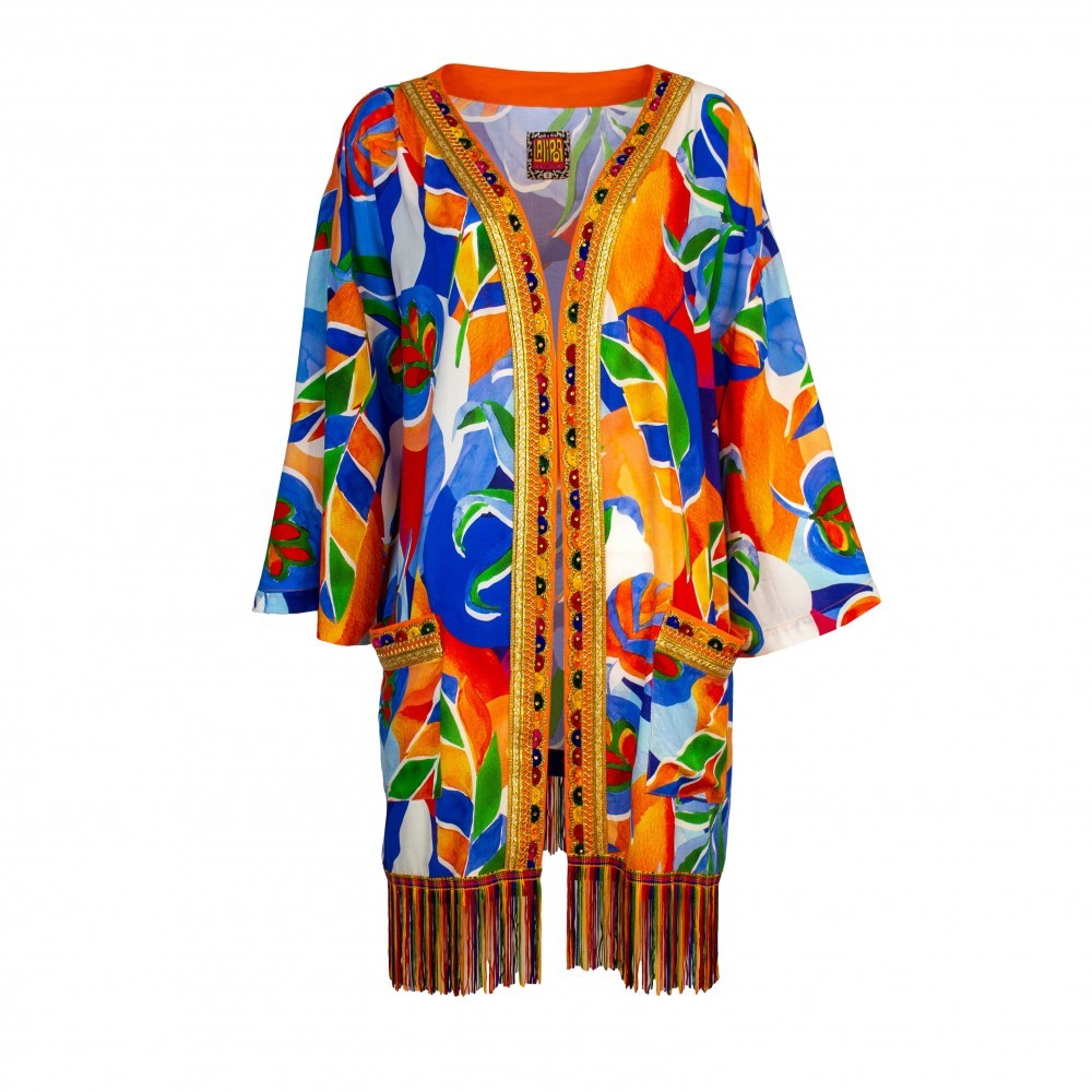 Colorful Leaf Print Midi Kimono with Embroidery Borders