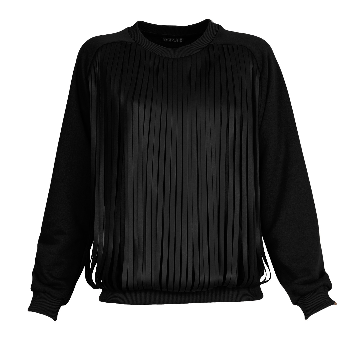 Black Sweatshirt With Laser-Cut Vegan Leather Fringes