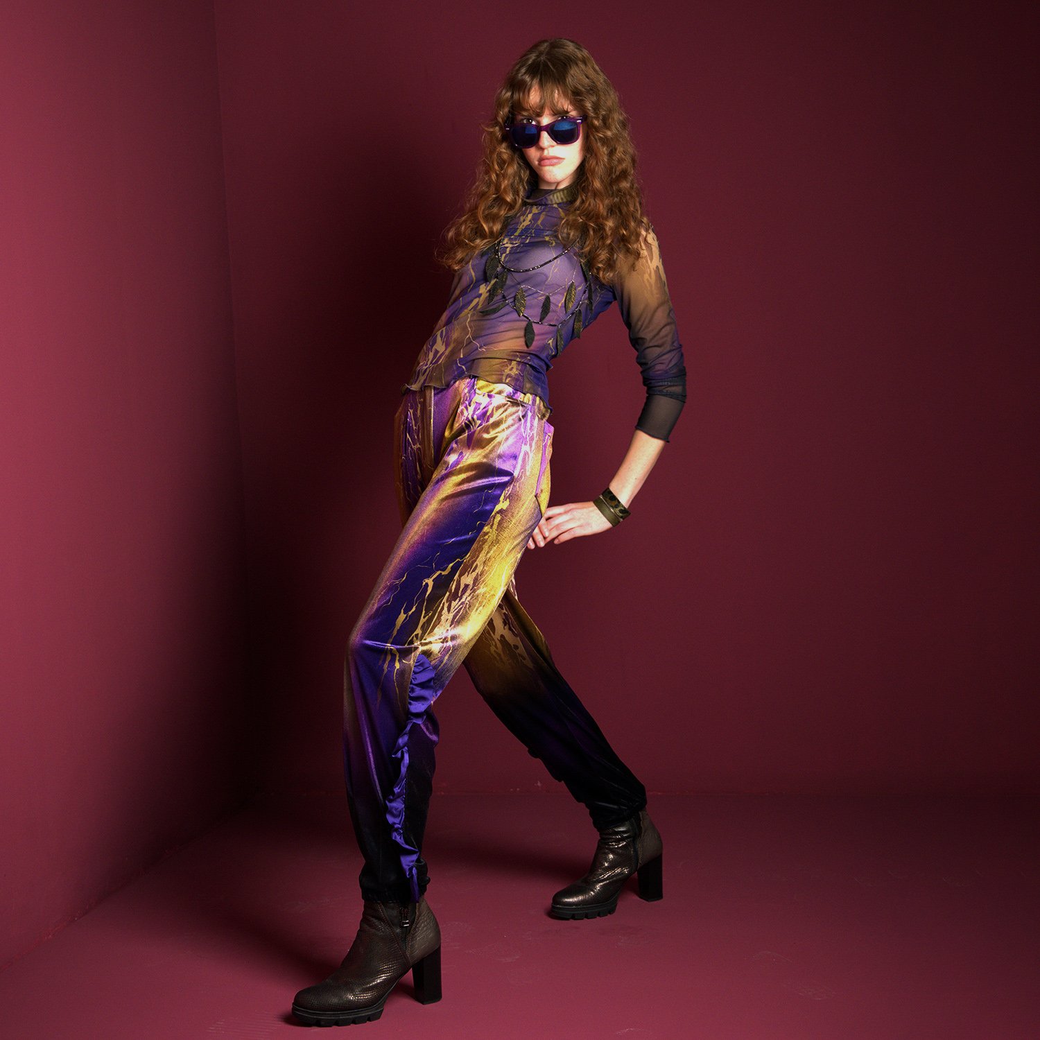 Abstract Print Velvet High-Waist Pants