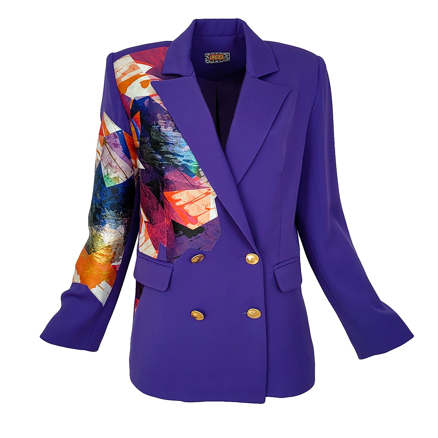 Double Breasted Purple Jacket Embellished With Laser-Cut Abstract Print Jacquard