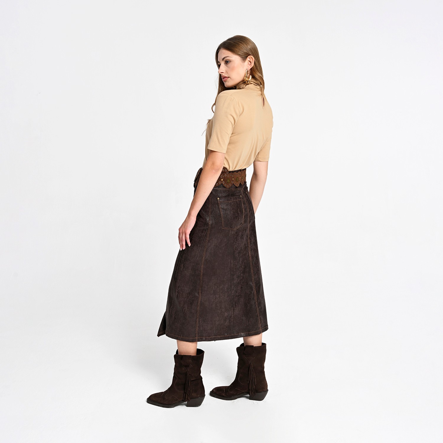 Ruffled Front Vegan Leather Midi Skirt