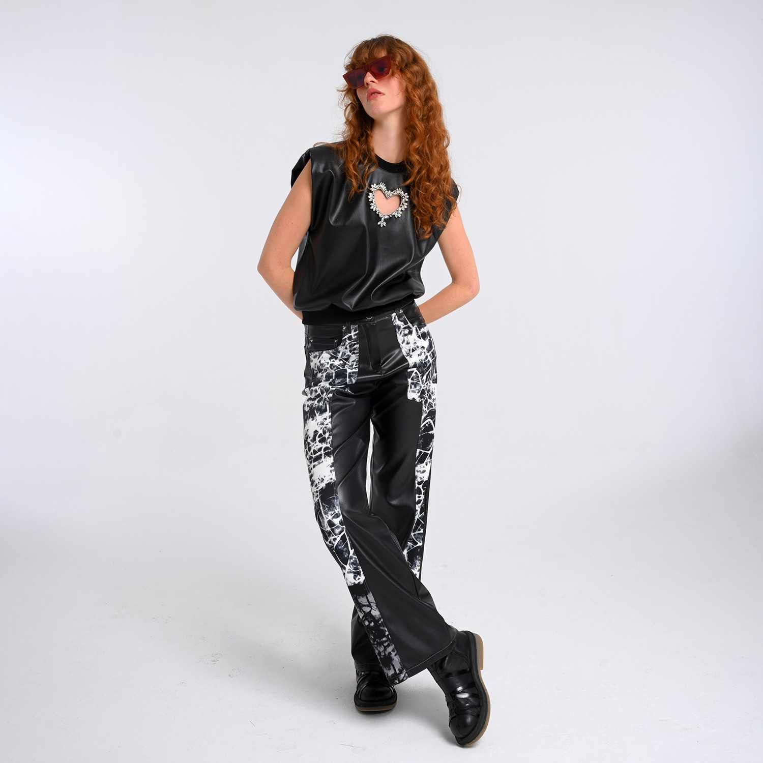 Black Vegan Leather Blouse With Faux Crystal Embellished Laser Cut-Out Heart