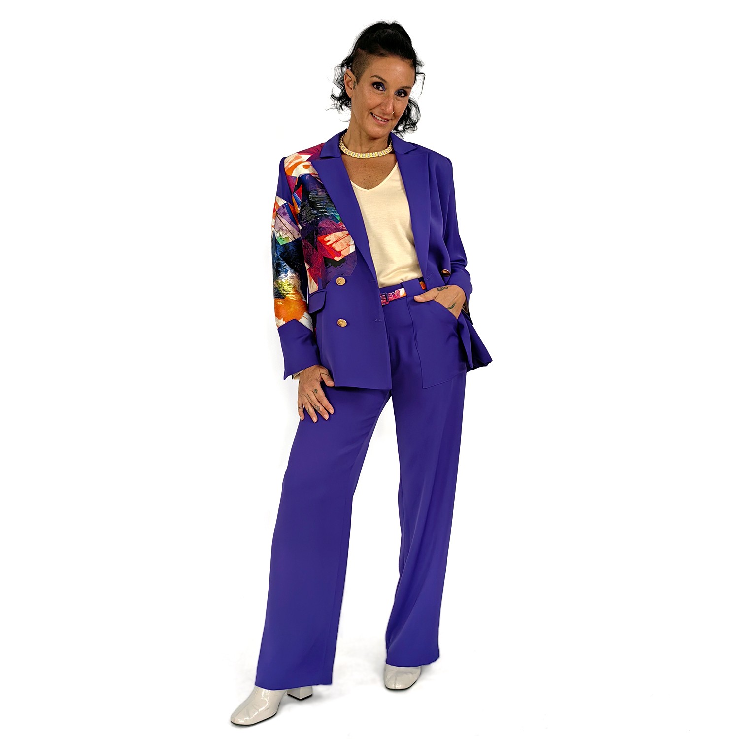 Double Breasted Purple Jacket Embellished With Laser-Cut Abstract Print Jacquard