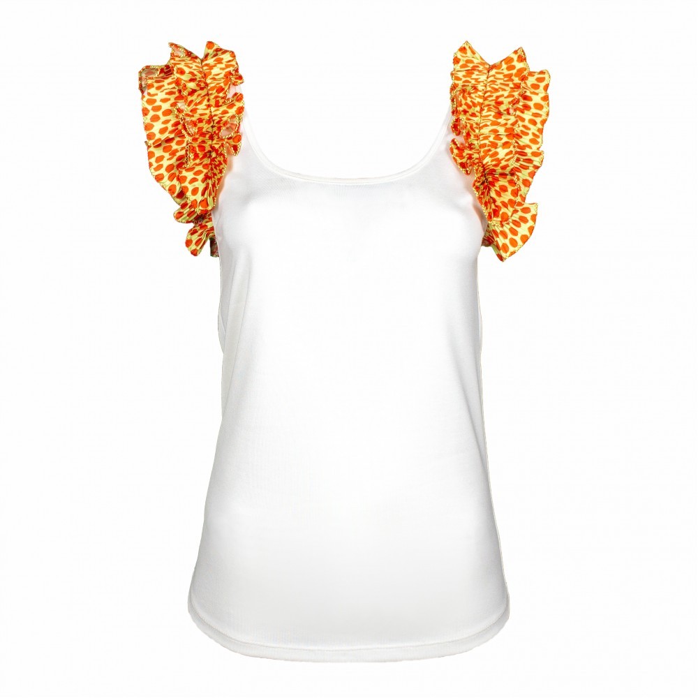 White Tank Top with Ruffled Polka-dot Shoulders