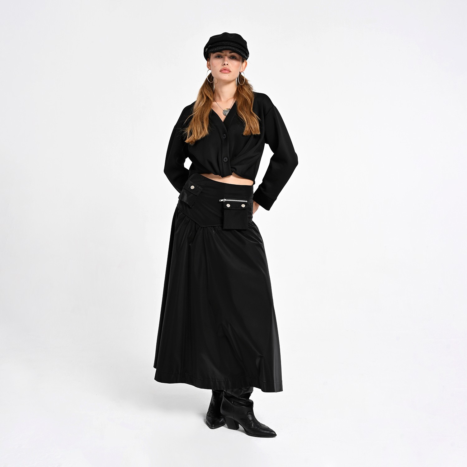 Black Maxi Skirt With Cargo Pocket Details