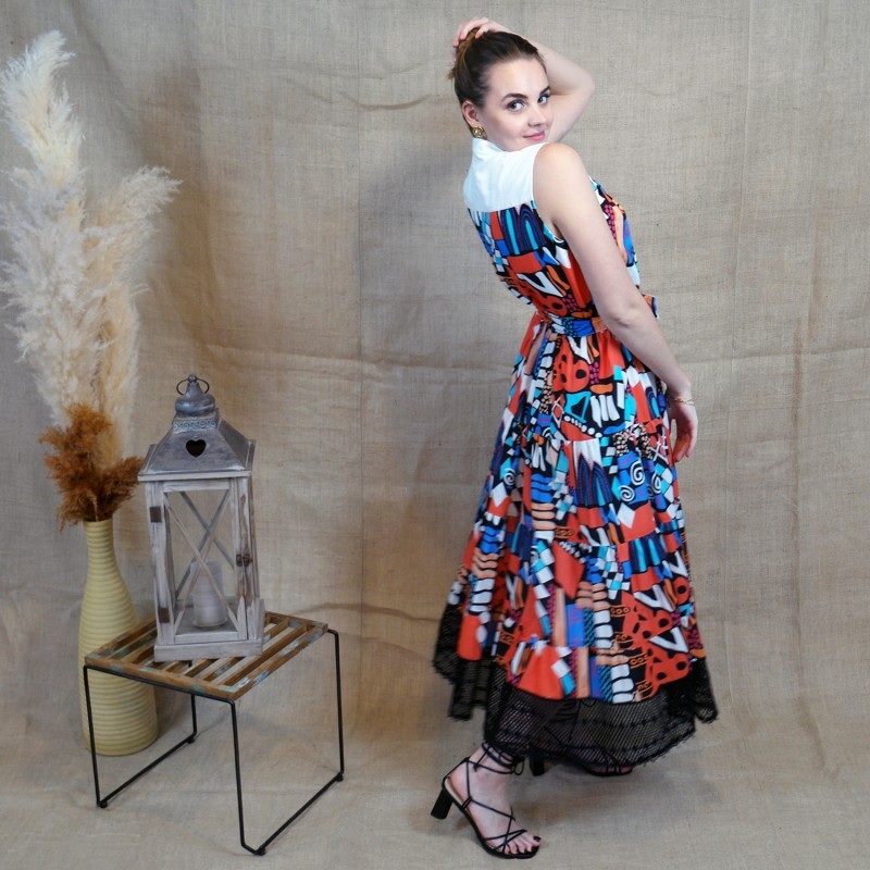 Long Sleeveless Voile Dress with Black Embroidery Detail