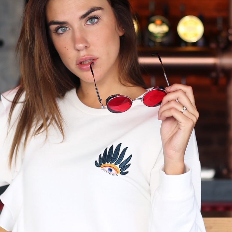 White Sweatshirt With Ruffle Detail & Eye Embroidery