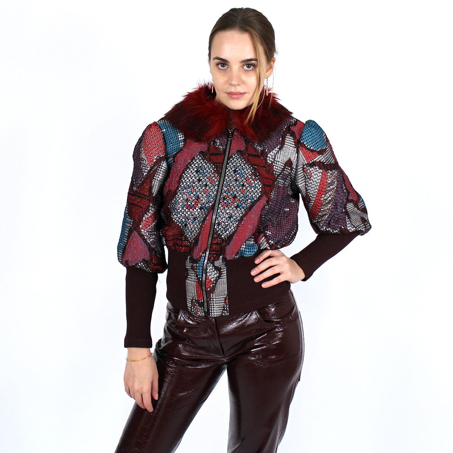 Jacquard Bomber Jacket With Faux Fur Collar