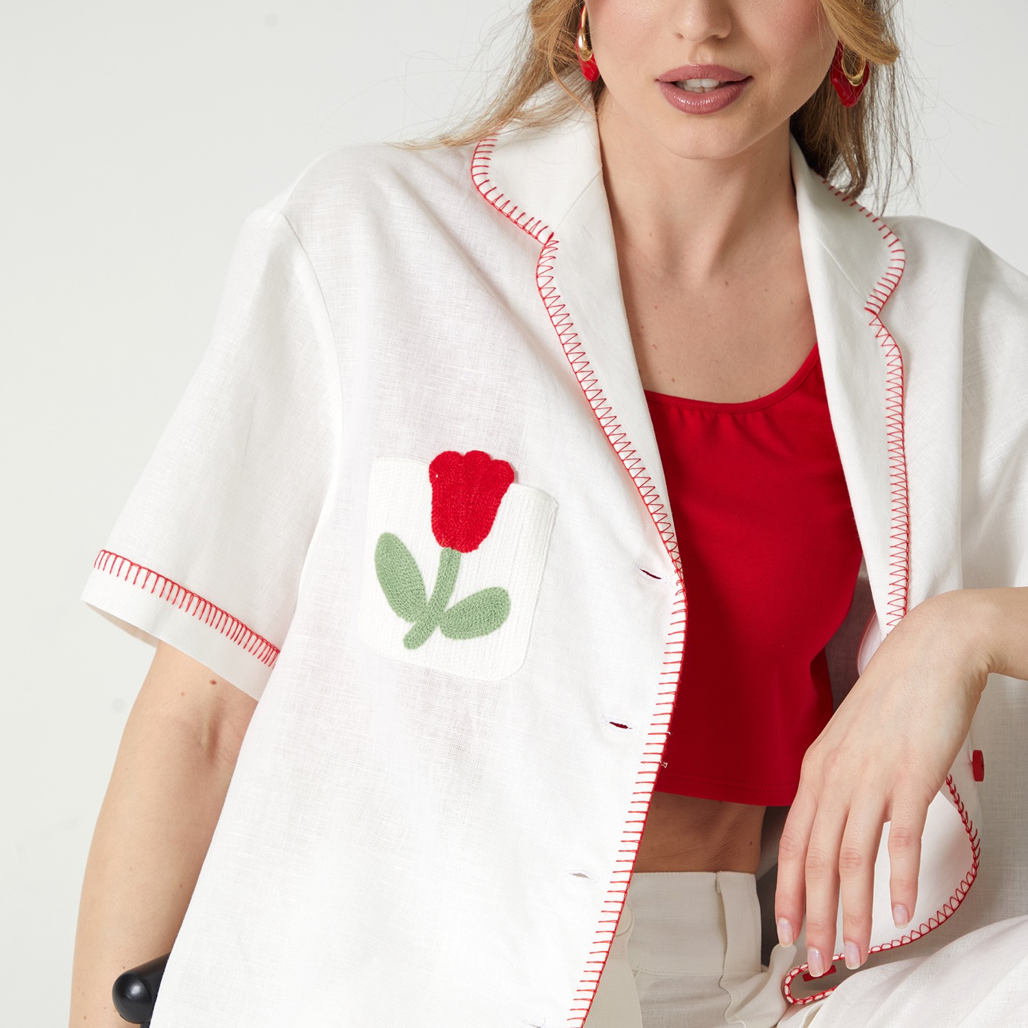 Unique White Linen Shirt And Red Crop Top Set