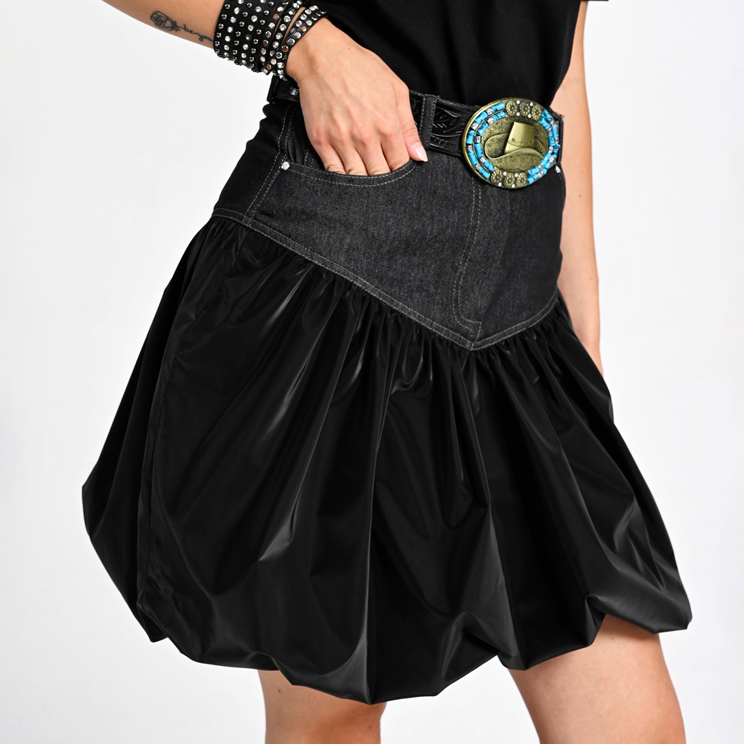 Balloon Mini Skirt With Denim-Effect Waist