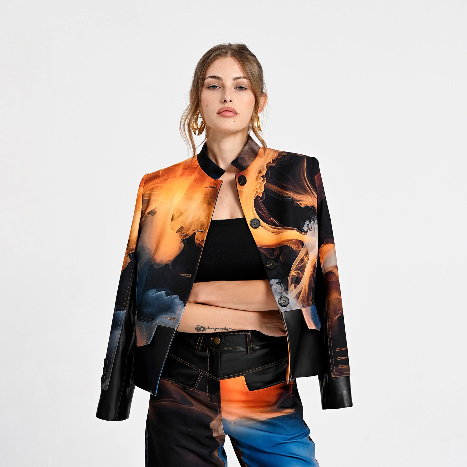 Cropped Jacket with Vegan Leather Trim and Digital Flame Print