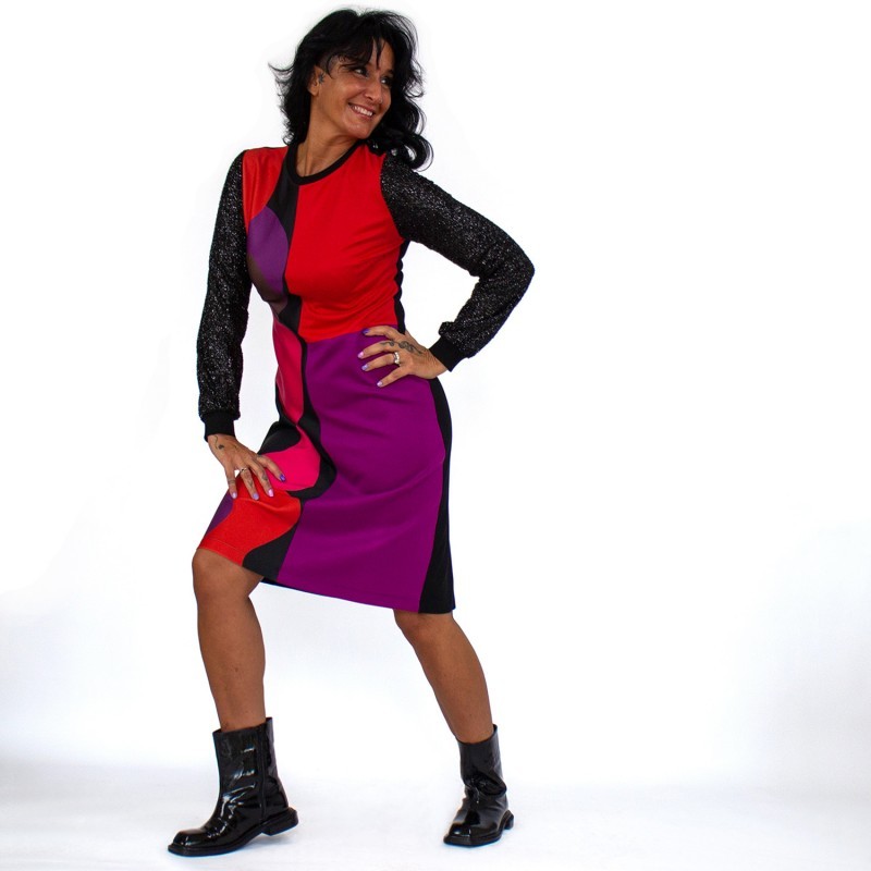 Colorful&Black Abstract Design Patchwork Knit Viscose Dress