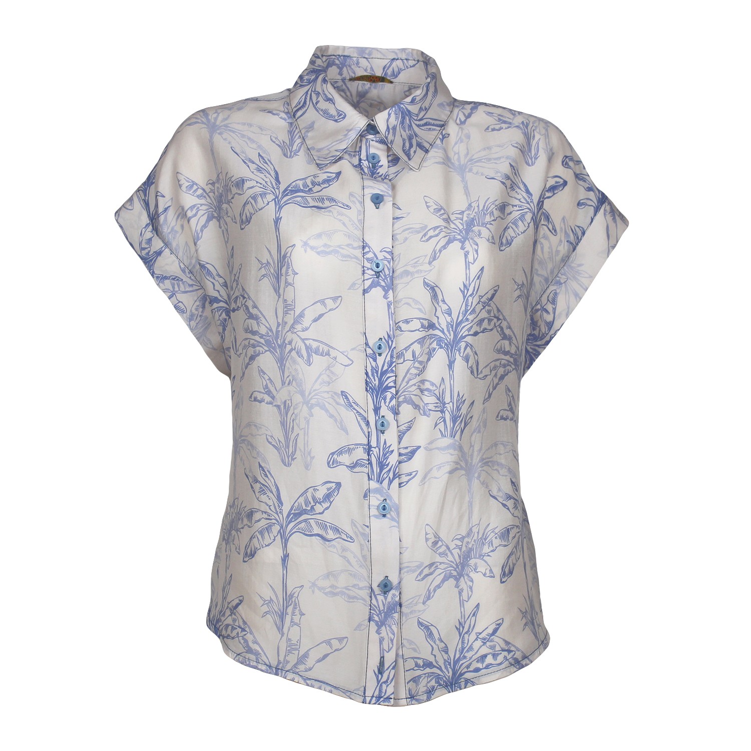 Drop-Shoulder Palm Leaf Printed Button-Down Shirt