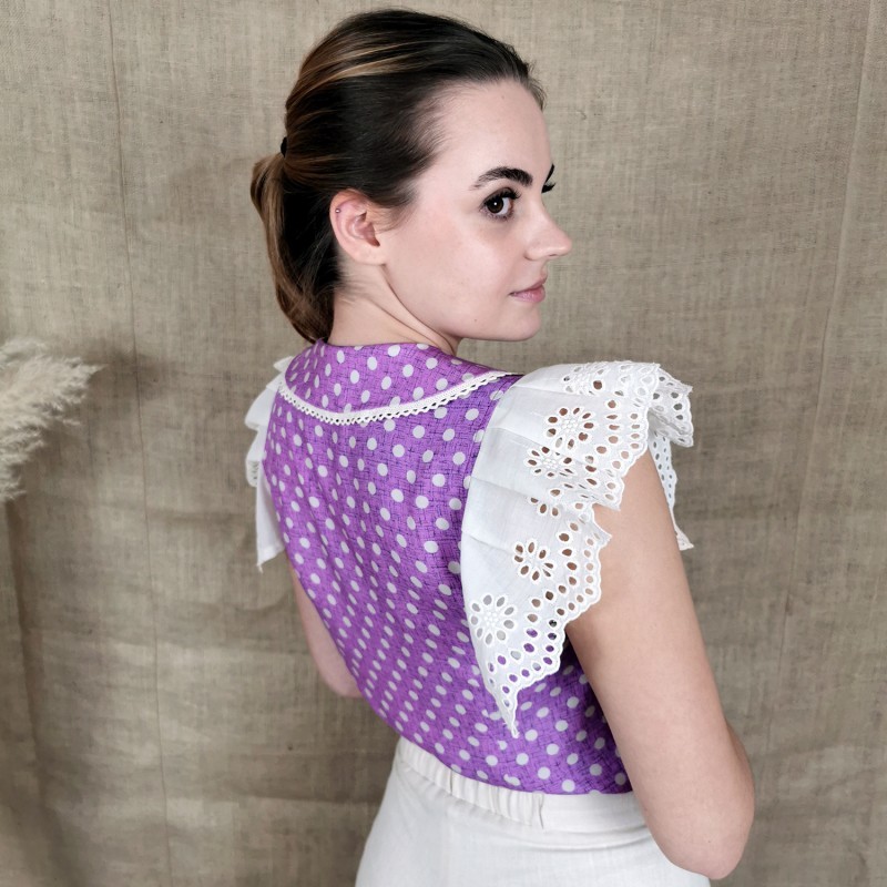 Peter Pan Collar Viscose Shirt with Ruffled Embroidered Sleeves