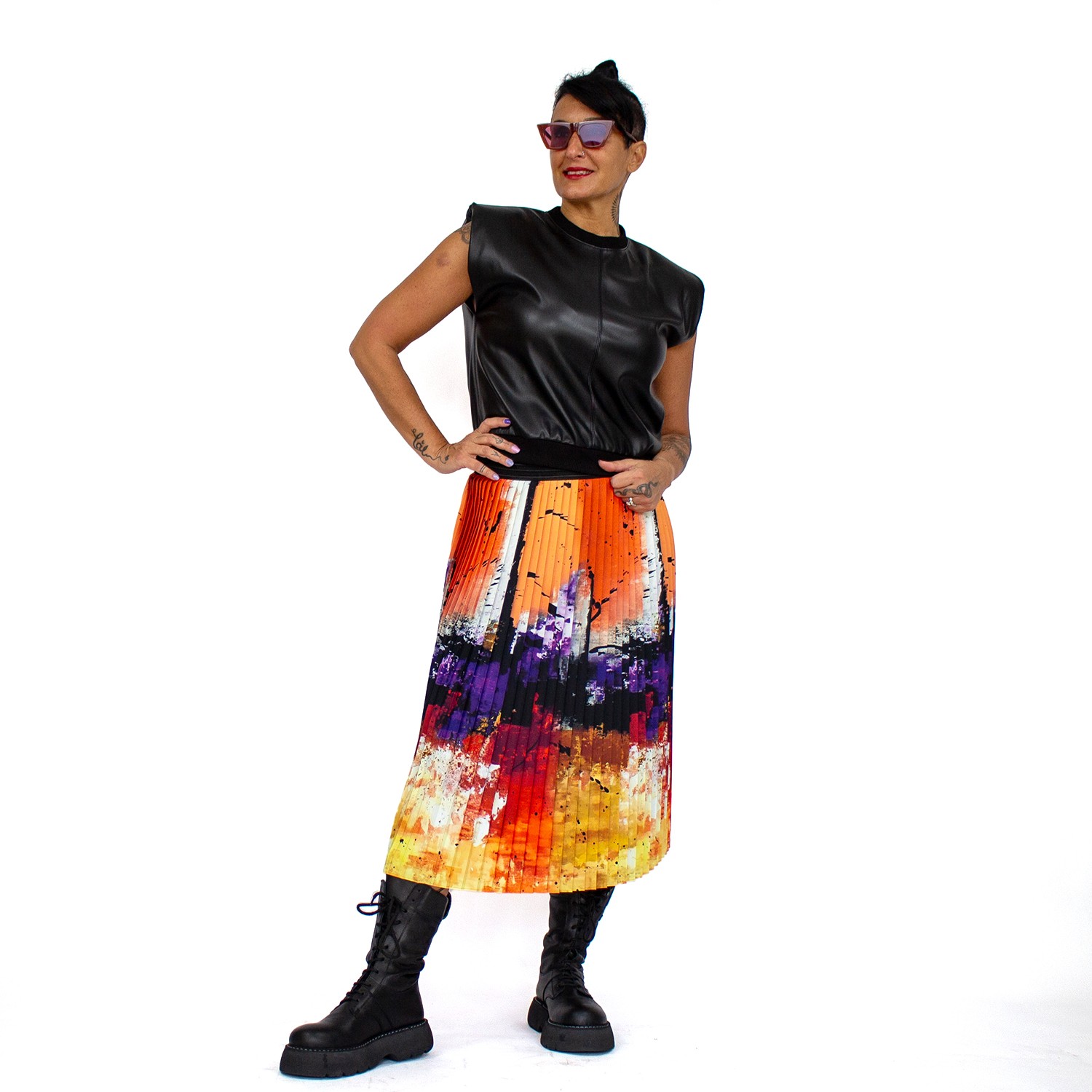 Colorful & Abstract Print Pleated Midi Skirt