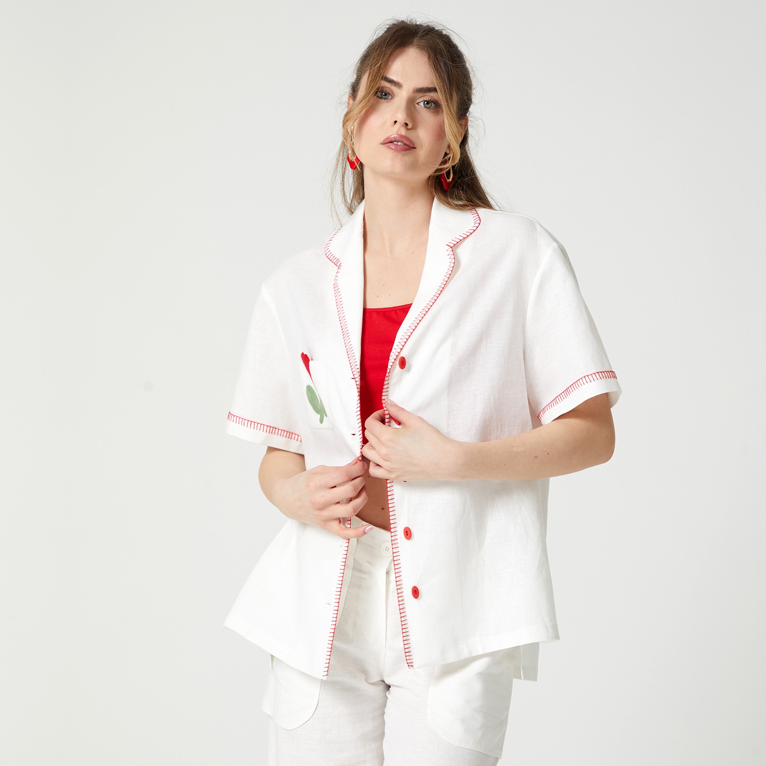 Unique White Linen Shirt And Red Crop Top Set