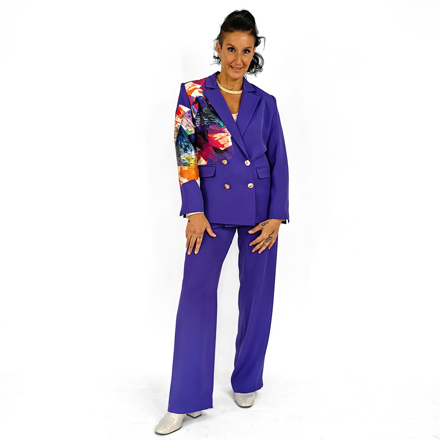Double Breasted Purple Jacket Embellished With Laser-Cut Abstract Print Jacquard