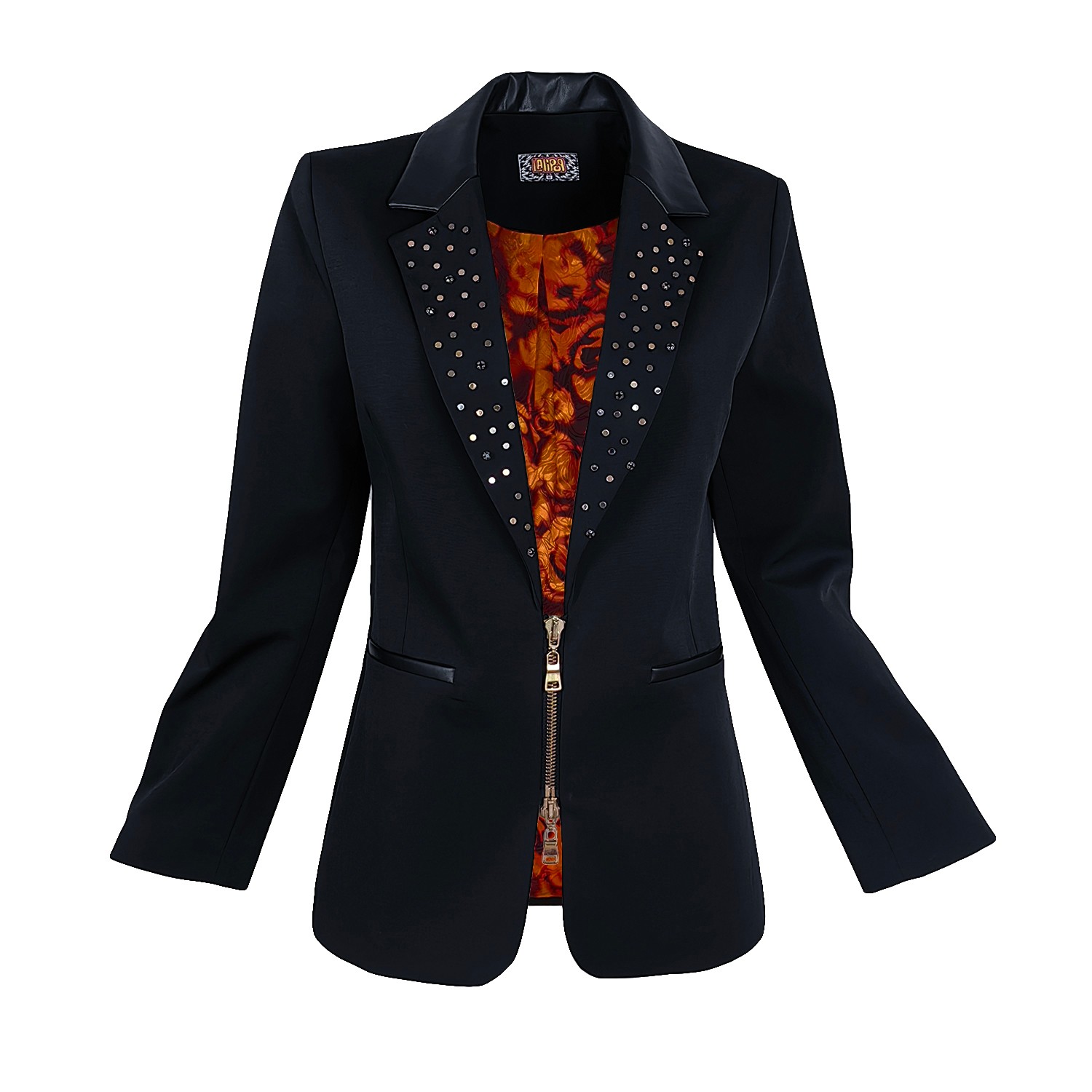 Stud Embellished Tailored Black Jacket With Floral Print Satin Lining