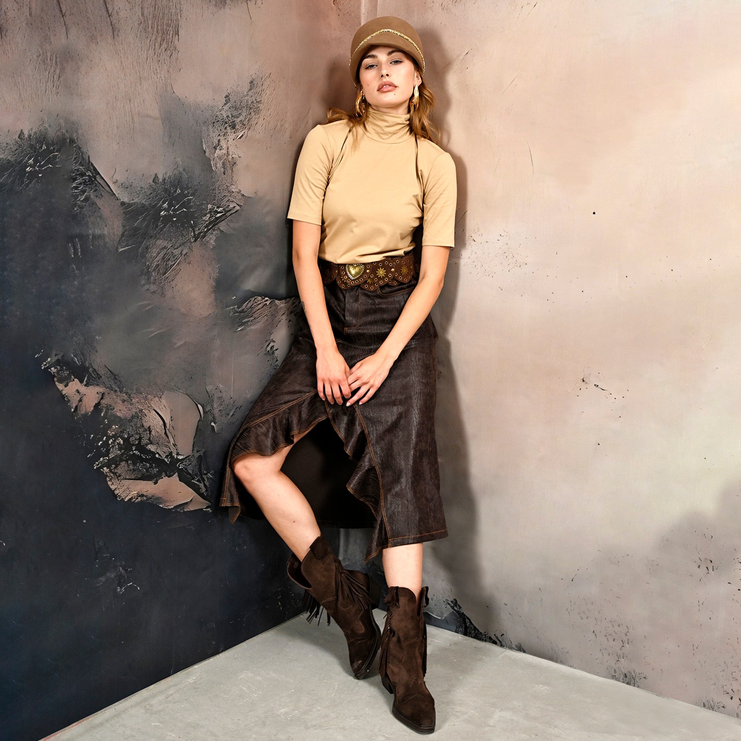 Ruffled Front Vegan Leather Midi Skirt