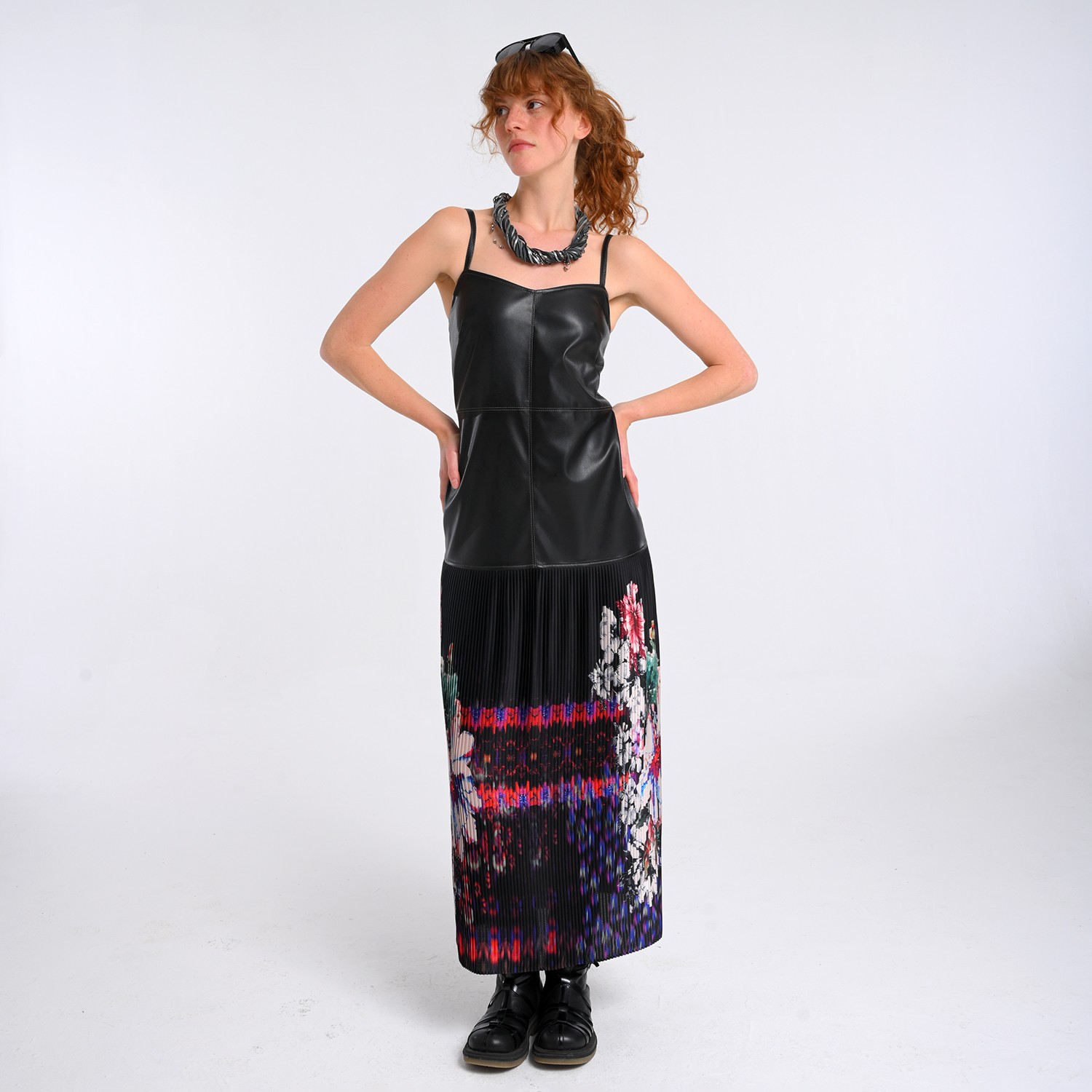 Vegan Leather Maxi Dress With Pleated Skirt