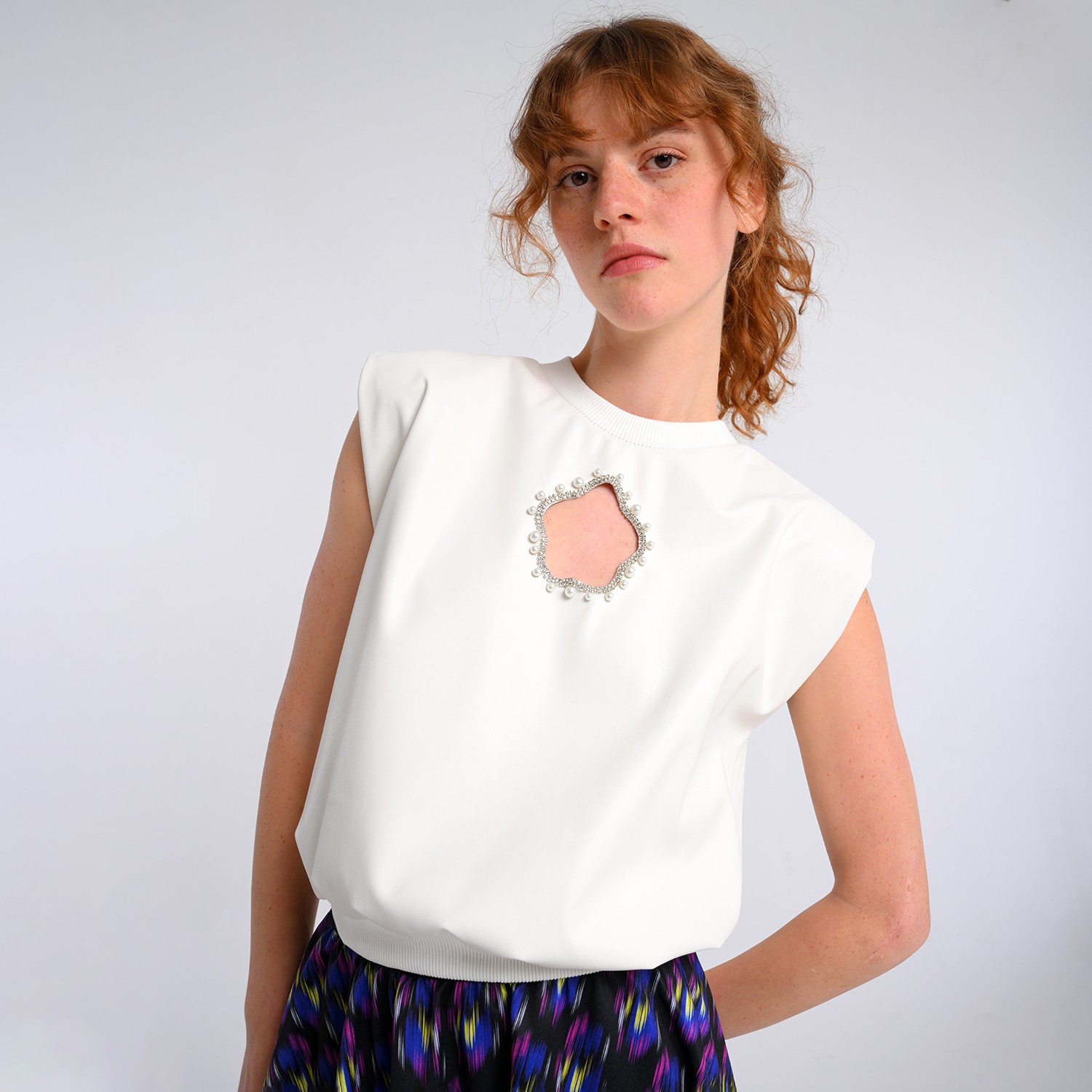 Ecru Vegan Leather Blouse With Laser-Cut Detailing