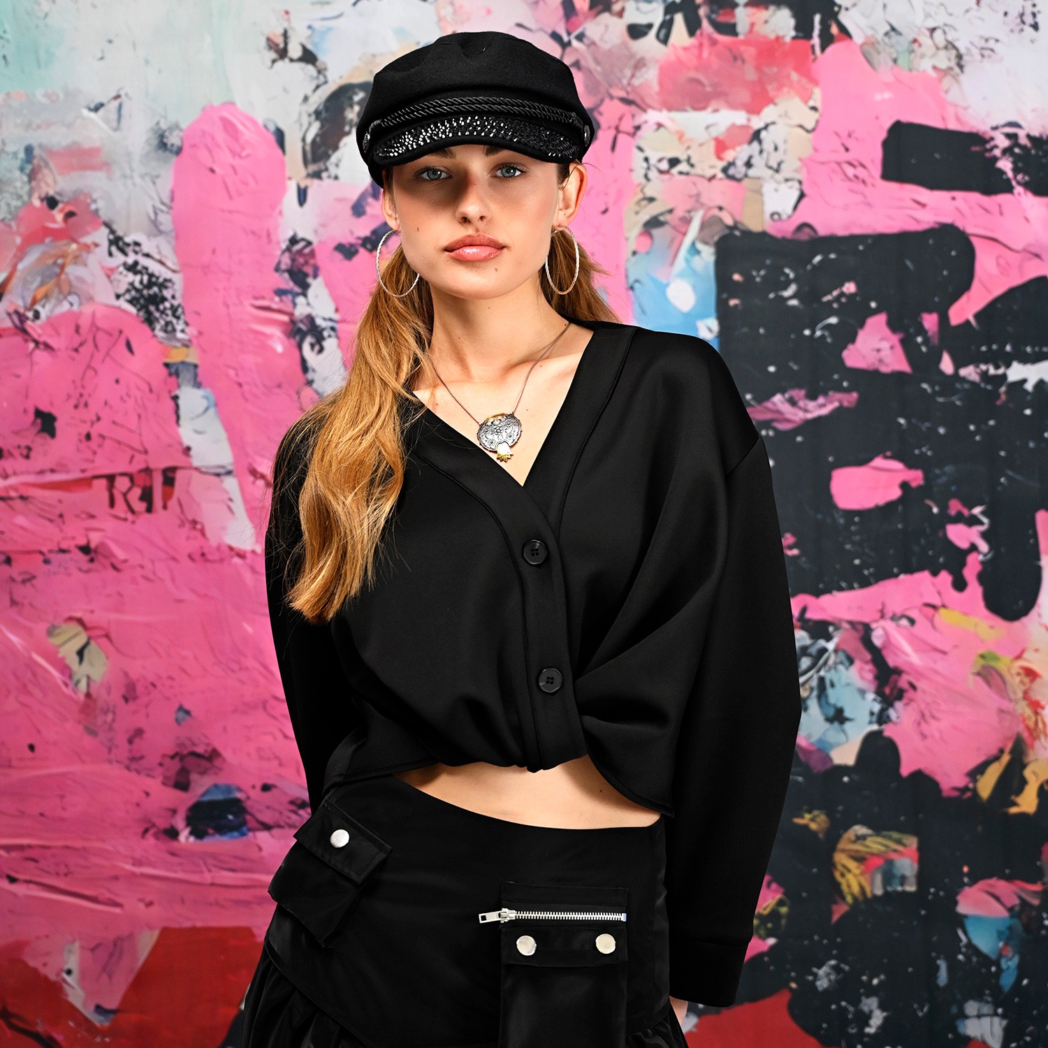 Black Cropped Shirt With Draped Front Detail