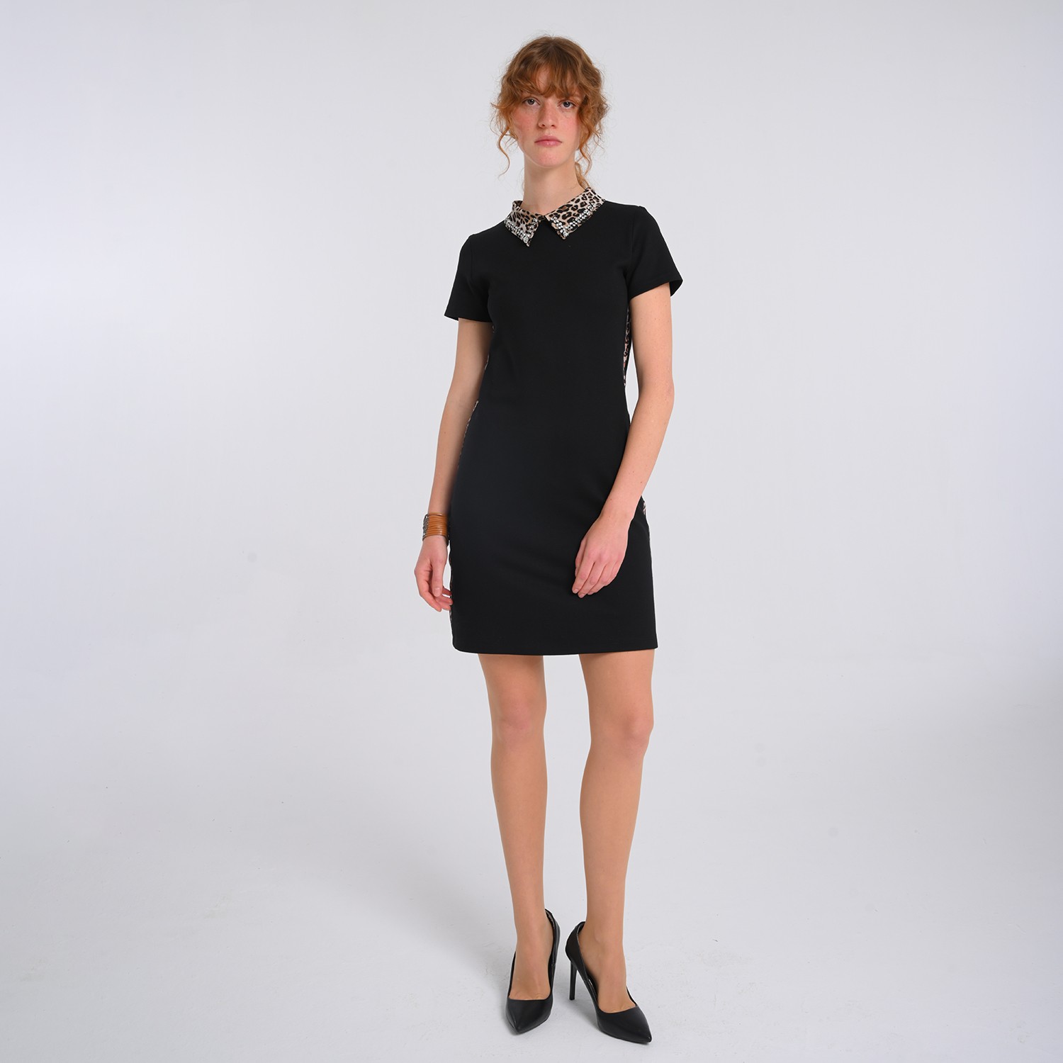 Mini Black Knitted Dress With Faux Crystal Embellished Leopard Print Collar