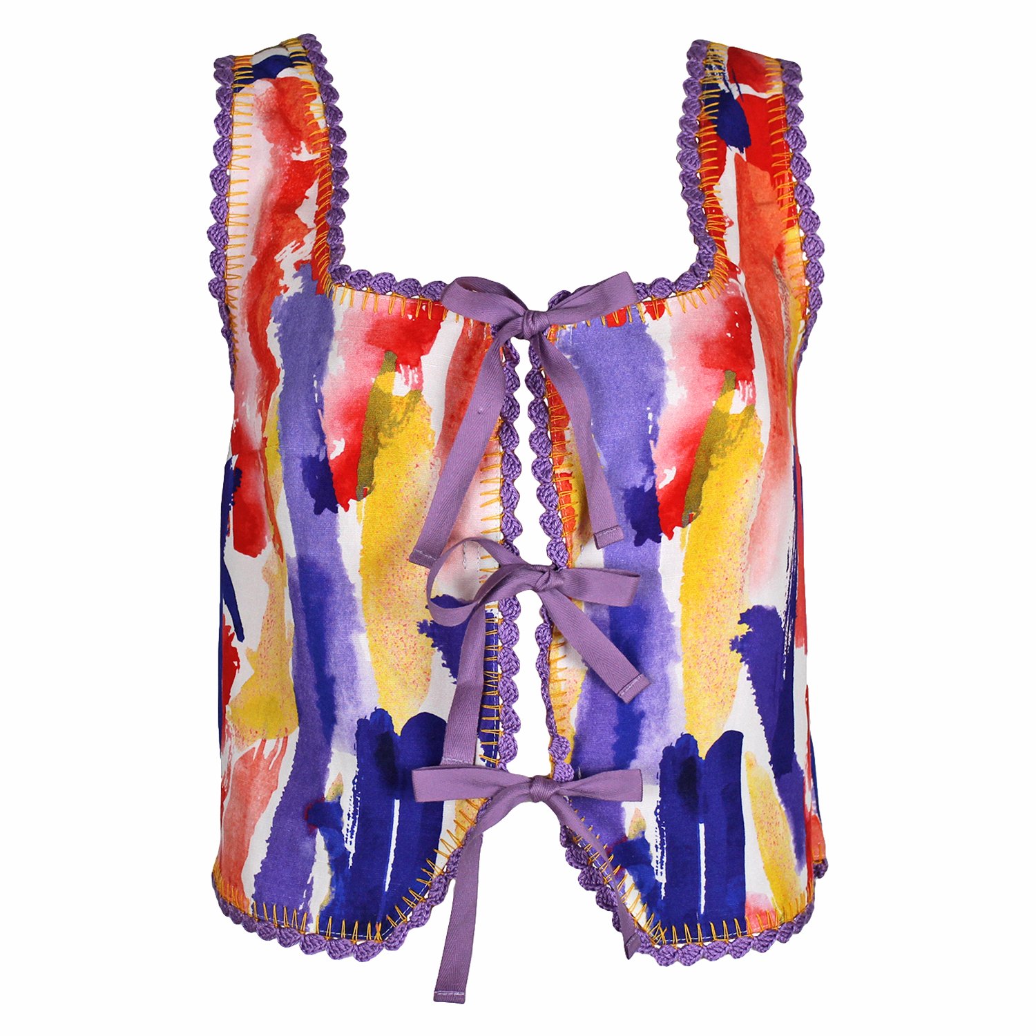 Abstract Print Linen Crop Top With Hand-Embroidered Detail