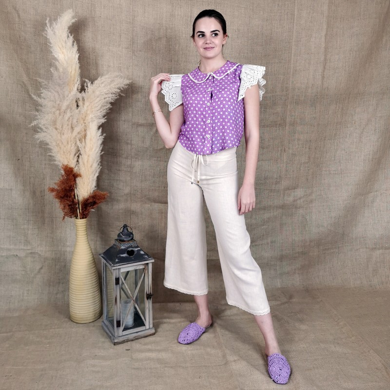 Peter Pan Collar Viscose Shirt with Ruffled Embroidered Sleeves