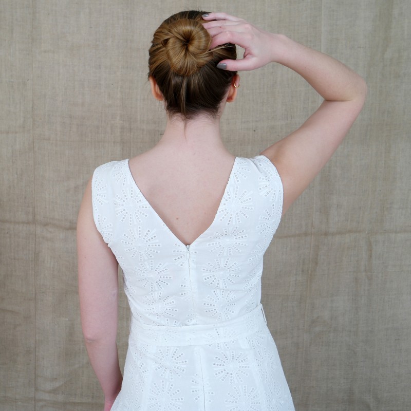 White Cotton Embroidery Jumpsuit With Faux Pearl & Diamond Details