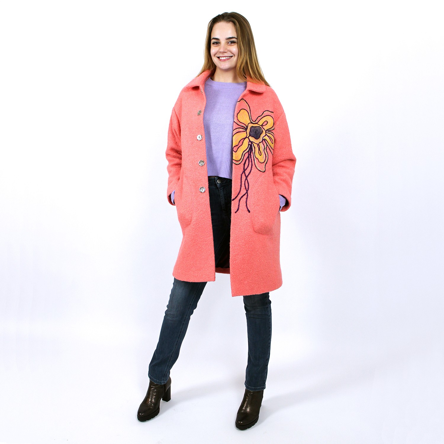 Wool Blend Coat With Flower Embroidery