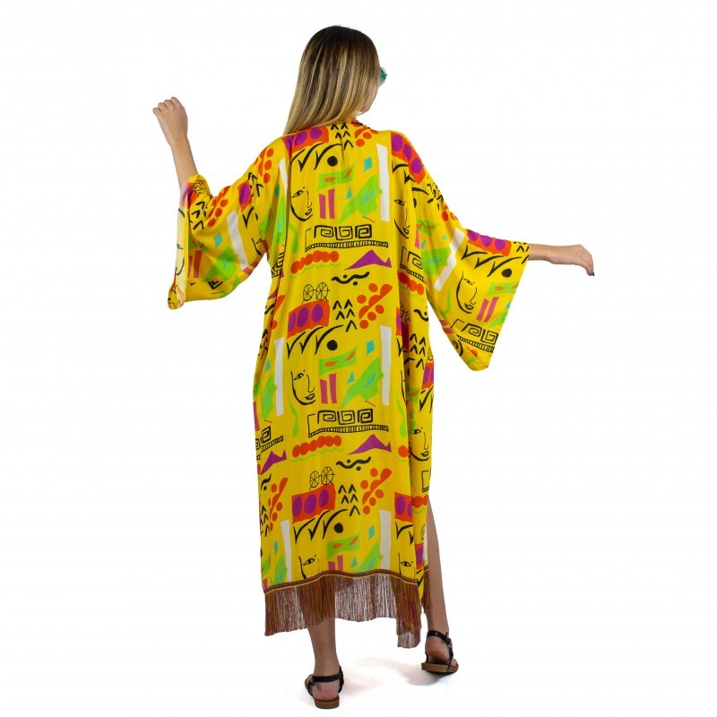 Yellow Viscose Kimono with Embroidery Border