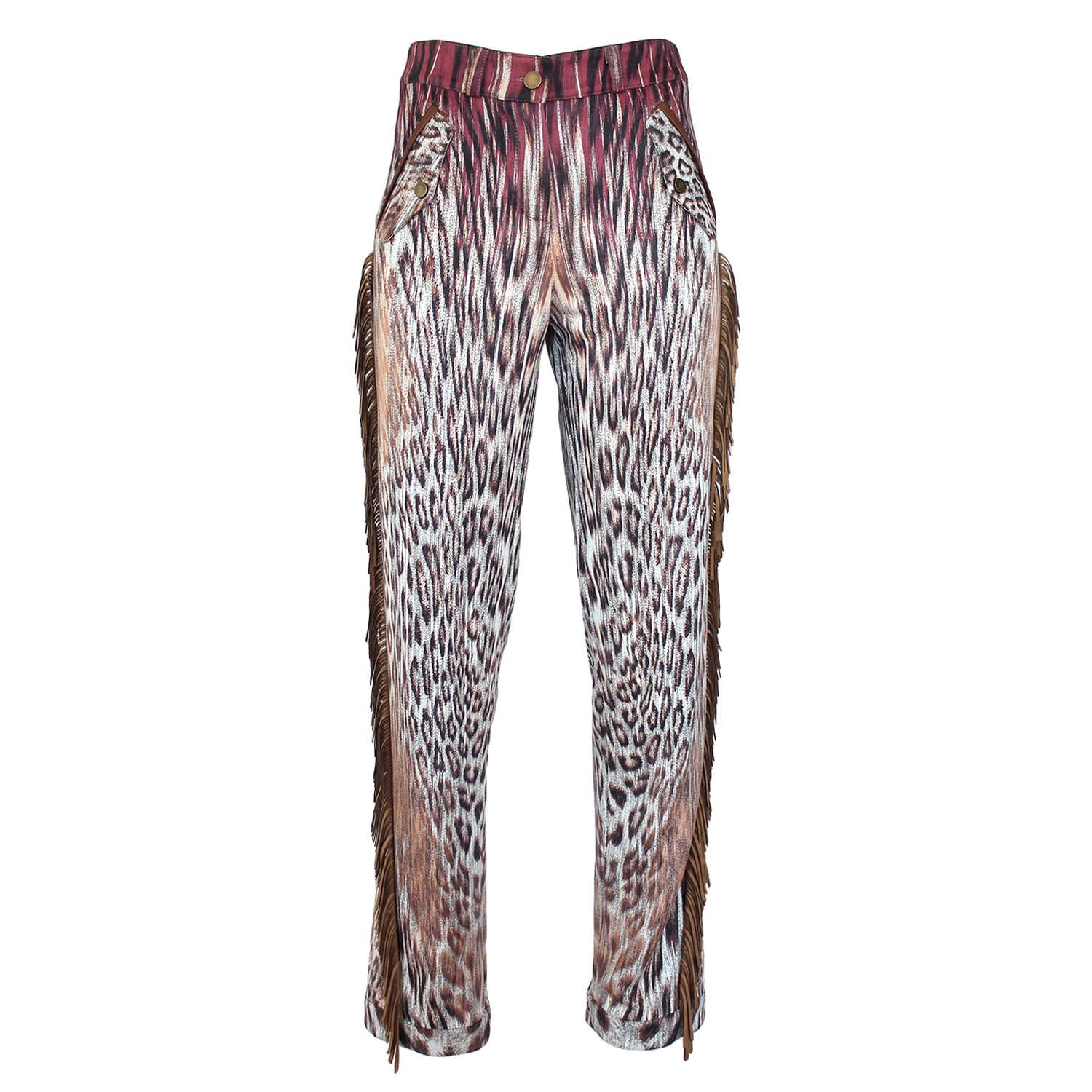 Straight-Leg Pants with Animal Print and Fringe Details