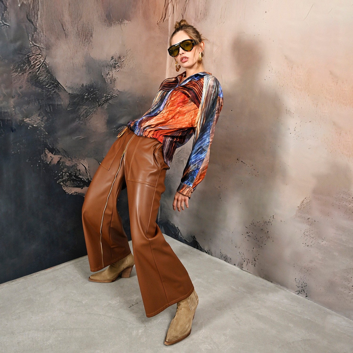 Wide-Leg Vegan Leather Pants With Front Zipper Detail