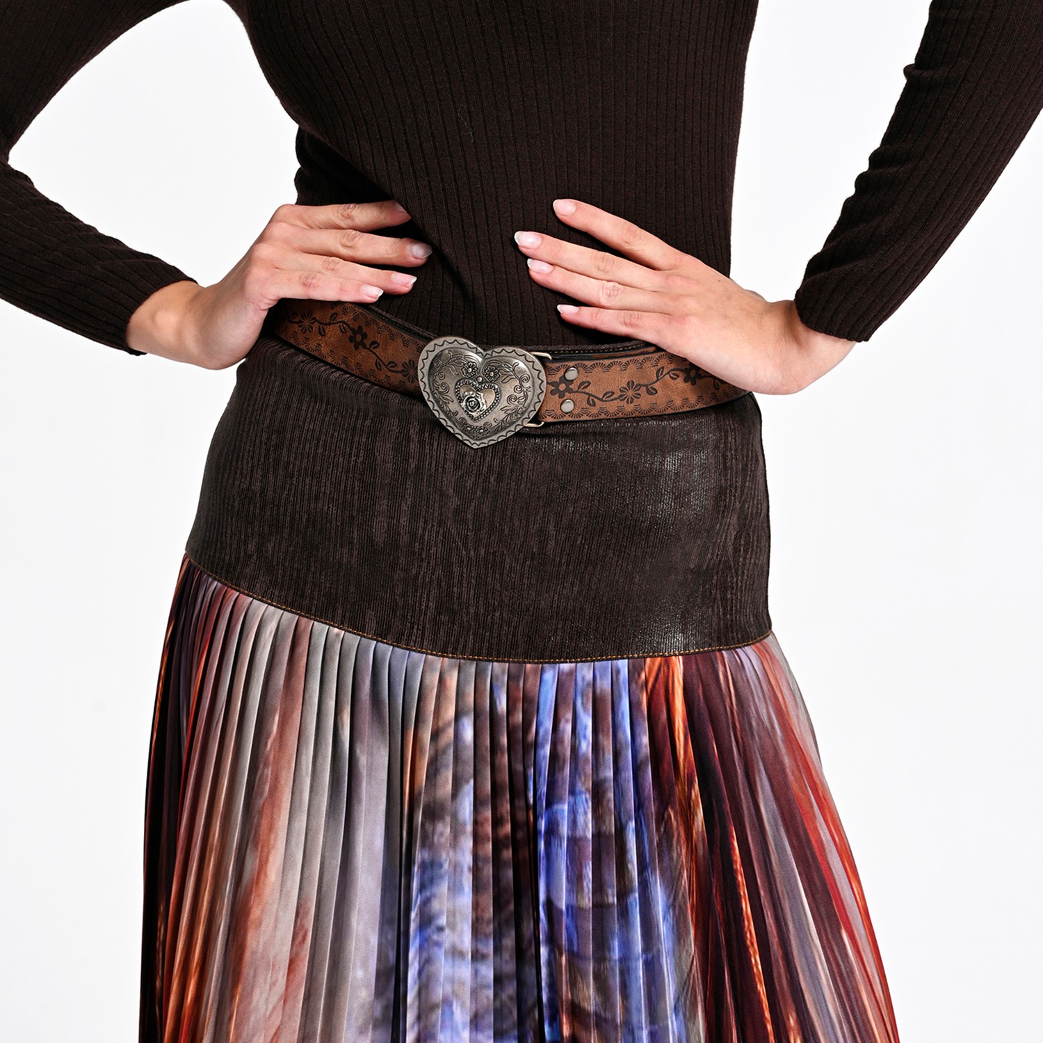 Pleated Midi Skirt With Wood-Textured Suede Feel Vegan Leather Waist