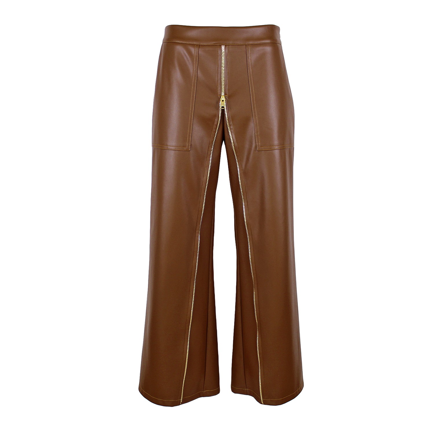 Wide-Leg Vegan Leather Pants With Front Zipper Detail