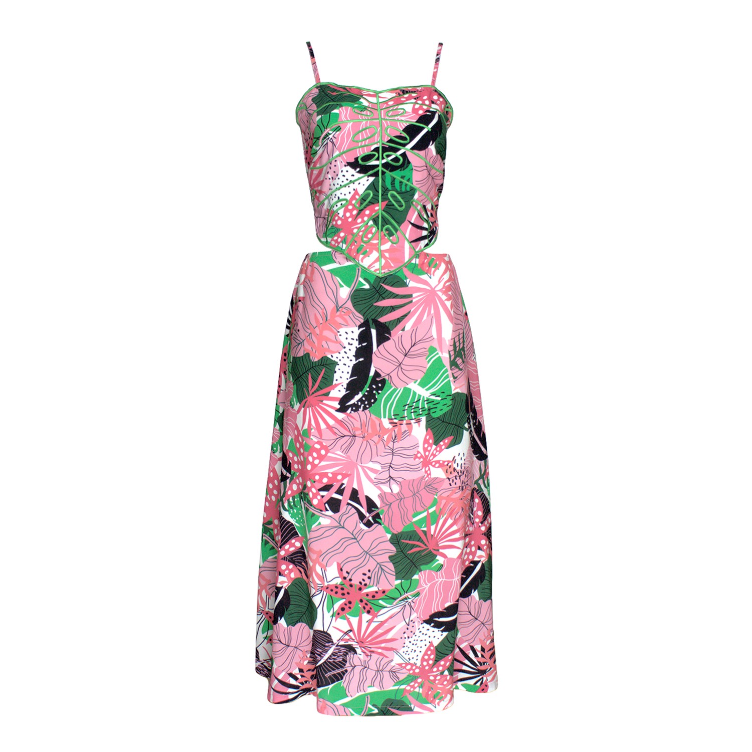 Palm-Leaf Embroidered Ribbed Cut-Out Dress