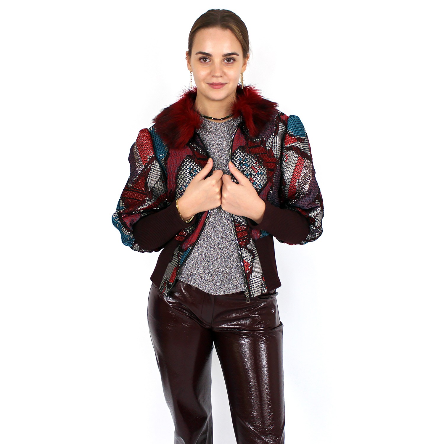Jacquard Bomber Jacket With Faux Fur Collar