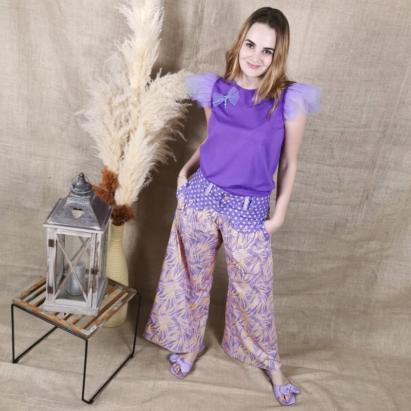 Purple T-shirt with Short Tiered Tulle Sleeves